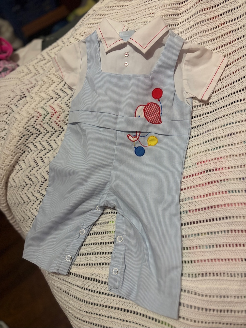 Vintage Cradle Togs Baby Boy Elephant Balloon Seersucker Romper Set